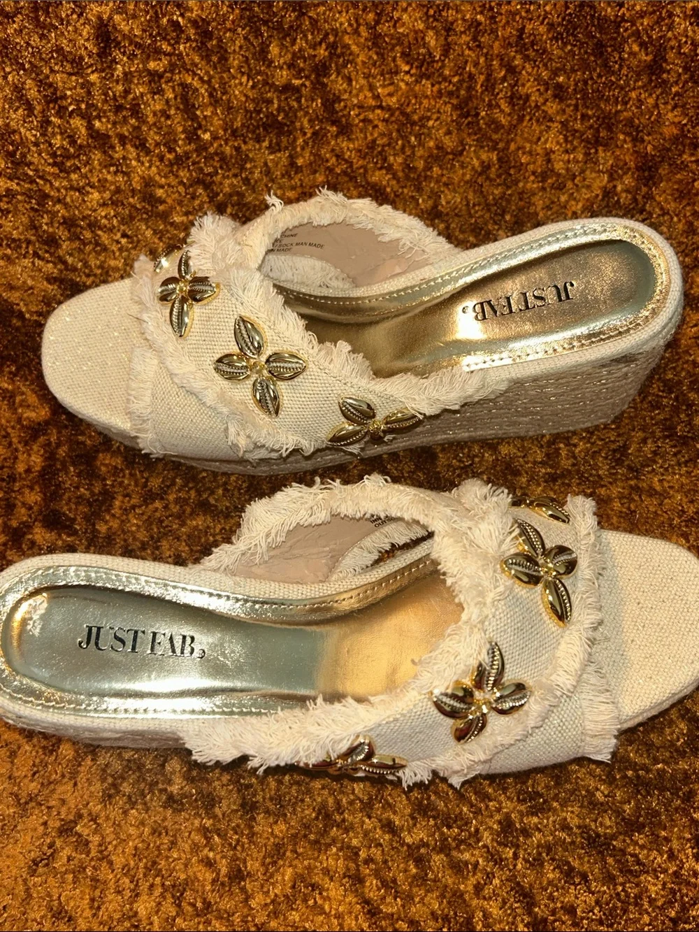 JustFab Cream Frayed Platform Slide Sandals with Gold Floral Accents